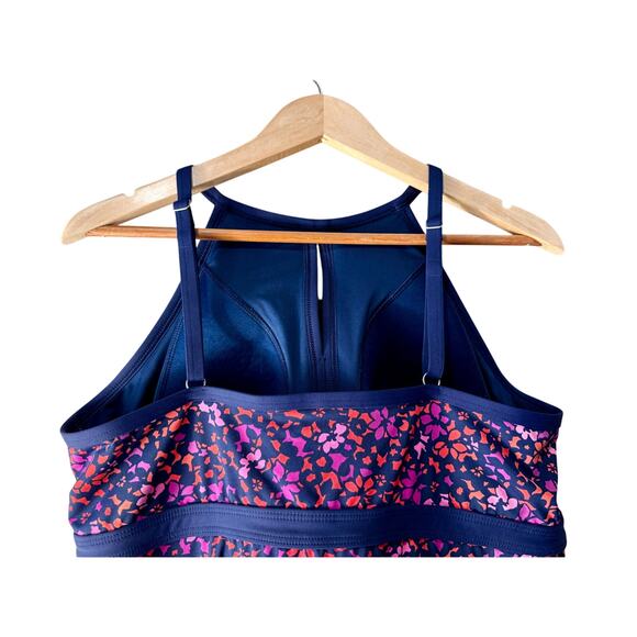 Lands’ End Keyhole High Neck Tankini Top Navy Pink Orange Floral Size 18 - Picture 7 of 12